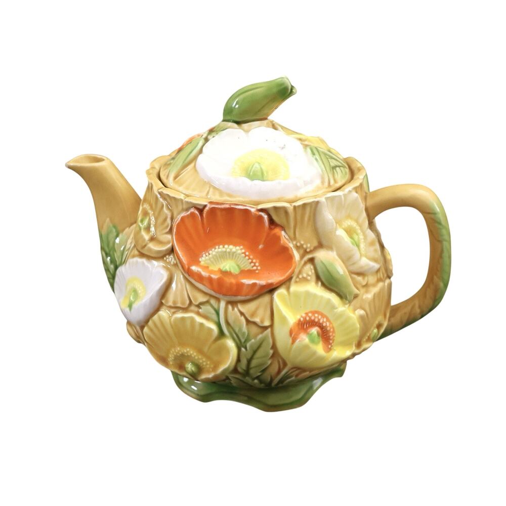 Vintage Fred Roberts Yellow Orange Floral Ceramic Tea Pot 60s 70s Retro MCM Boho